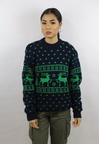 VINTAGE 90'S WINTER PATTERNED THICK WOOLEN JUMPER
