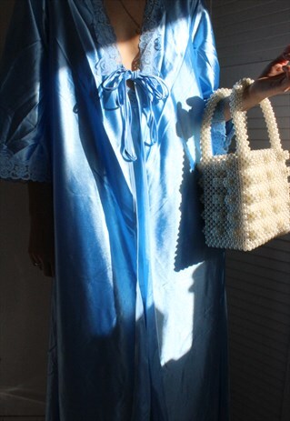 VINTAGE 60S BLUE LACE TRIM LONG NIGHT DRESS & DRESSING GOWN