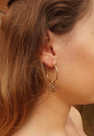 QUEENIE COIN CHARM HOOP GOLD EARRINGS