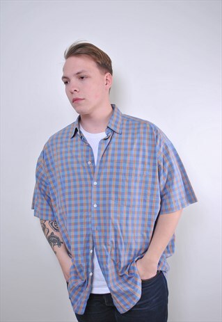 VINTAGE BLUE PLAID MAN PLUS SIZE SHIRT WITH SHORT SLEEVE