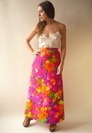 VINTAGE 1970'S QUILTED HIPPIE PSYCHEDELIC FLORAL MAXI SKIRT