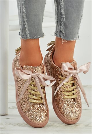 PINK GLITTER SPARKLE FRINGE LACE UP TRAINERS SHOES