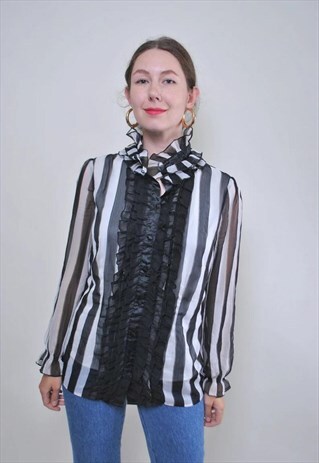 VINTAGE RUFFLED COLLAR BLOUSE, RETRO STRIPED SHIRT