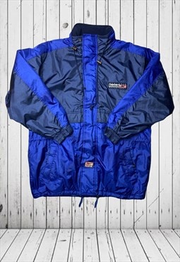 vintage blue reebok large 90s coat w hidden hood 