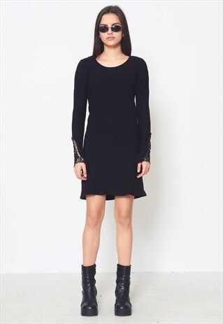 VINTAGE BLACK CREAM LONG SLEEVE KNIT MINI DRESS