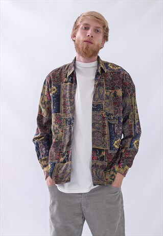 80S VINTAGE MENS FLORA PRINTED JAPANESE LONG SLEEVE SHIRT