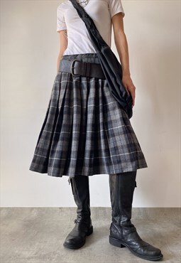 Vintage plaid pleated midi tartan skirt in grey