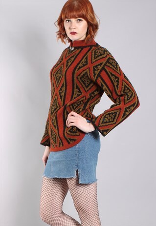 VINTAGE 70S NORDIC PATTERNED THICK KNIT SKI JUMPER