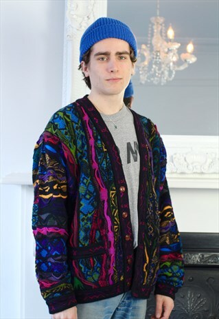 VINTAGE 90S COOGI AUSTRALIA MULTI COLOURED 3D KNIT CARDIGAN