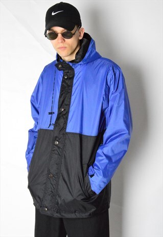 VINTAGE 90S BLUE BLACK COLOUR BLOCK RAIN COAT JACKET
