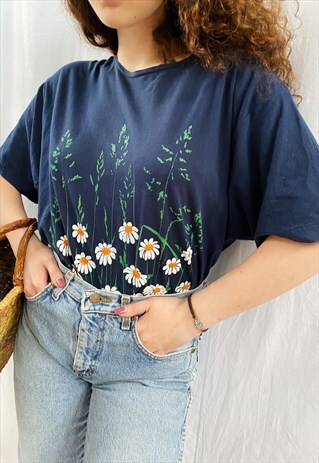 VINTAGE 80S BOTANICA WILD DAISY PRINT BLOUSE TOP TEE T-SHIRT