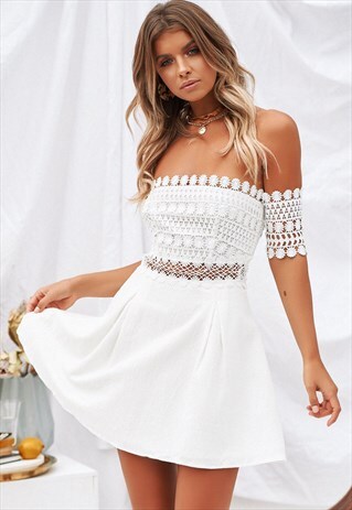 WHITE OFF THE SHOULDER CROCHET DRESS