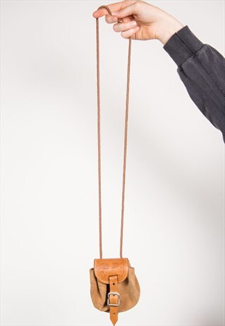 90'S VINTAGE LIGHT BROWN TOOLED LEATHER MINI SHOULDER BAG