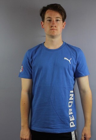 VINTAGE PUMA T SHIRT IN BLUE WITH ITALY AND PERONI PRINTING