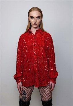 Sequin embellished shirt glitter top party blouse in red