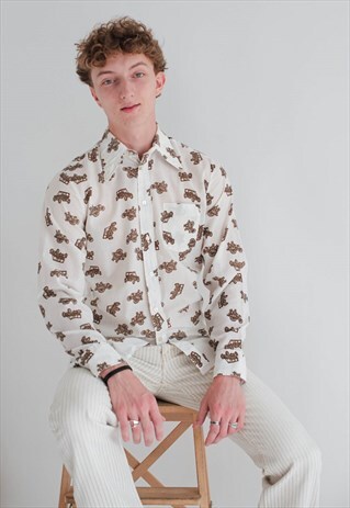VINTAGE 70S ARROW COLLAR FITTED MENS SHIRT IN CAR PRINT S