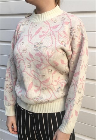 WOMENS VINTAGE 80S CREAM PINK FLORAL PATTERNED KNIT JUMPER
