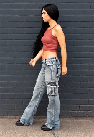 WIDE LEG FADED CARGO JEANS VINTAGE WASH BLUE DENIM
