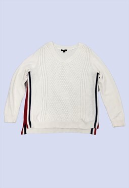 White Cotton Knit V Neck Casual Pullover Jumper