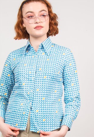 VINTAGE 70'S BLUE ABSTRACT PATTERN SHIRT BLOUSE