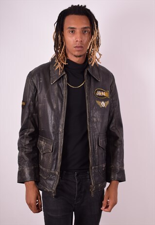 MENS VINTAGE LEATHER JACKET MEDIUM BLACK 90S