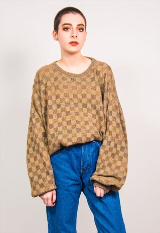 VINTAGE 90'S BROWN CHECKED KNIT PATTERN OVERSIZED JUMPER