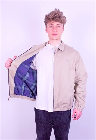 VINTAGE RALPH LAUREN CHECK LINED HARRINGTON JACKET BEIGE XL