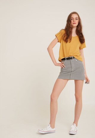 SUBDUED STRIPED RAW HEM DENIM SKIRT