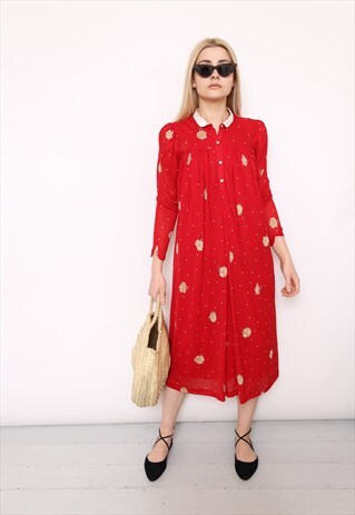 VINTAGE 70S RED DAISY FLORAL PRINT MIDI DRESS
