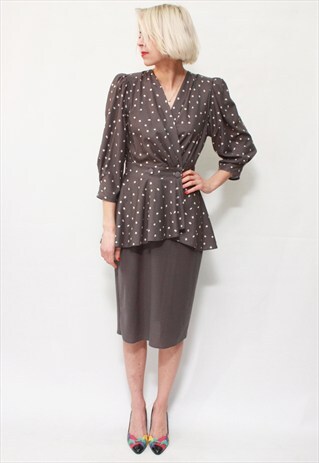 VINTAGE 80'S BEAUTIFUL ELEGANT BROWN DOTTED MIDI DRESS