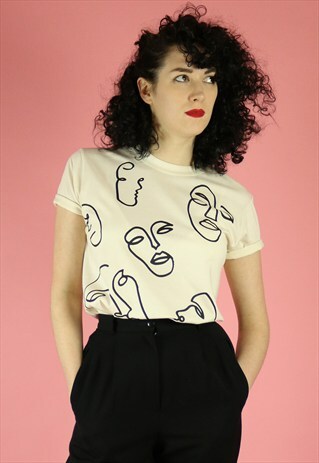 FACES FACE PRINT GRAPHICS T-SHIRT - BLACK ON NATURAL COTTON