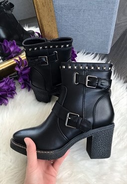 Black Studded Faux Leather Heeled Ankle Boots
