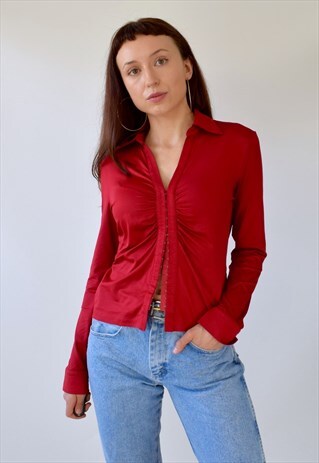 VINTAGE Y2K SLINKY RUCHED HOOK AND EYE RED SHIRT BLOUSE