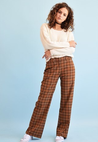 90'S RETRO TARTAN CHECKED REGULAR WAIST TROUSERS