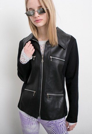 VINTAGE BLACK CLASSIC ZIP UP BLAZER LEATHER DETAIL ELEGANT