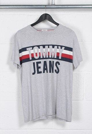 Vintage Tommy Jeans T-Shirt in Grey Print Logo Tee Medium