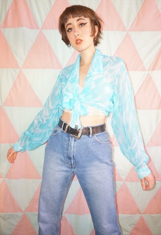 VINTAGE 90S / Y2K FLOATY BLUE TIE FRONT CROP BLOUSE