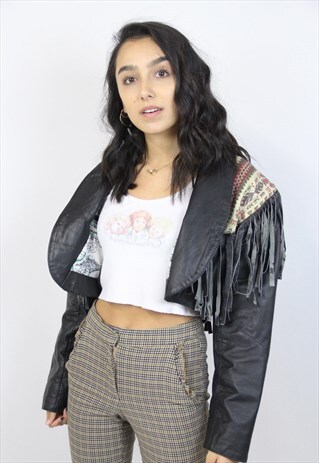 VINTAGE TAPESTRY TASSEL DETAIL CROPPED LEATHER JACKET