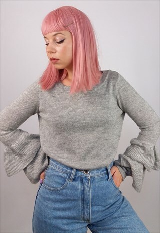 VINTAGE 90'S RUFFLES SLEEVES KNIT TOP IN GREY