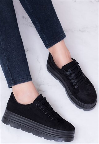 LOOWEY CHUNKY PLATFORM FLAT TRAINERS - BLACK SUEDE STYLE