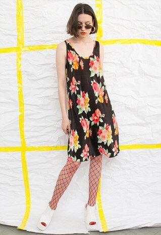 VINTAGE BLACK FLORAL SUMMER MIDI SHIFT DRESS