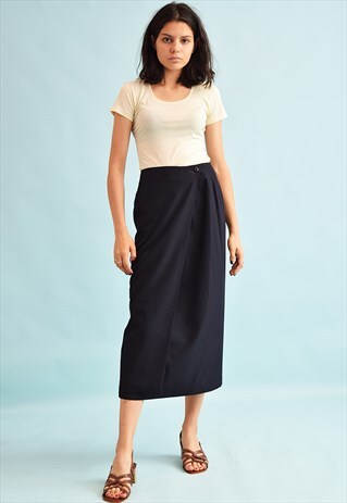 90'S RETRO NAVY BLUE REGULAR WAIST WRAP UP MIDI SKIRT