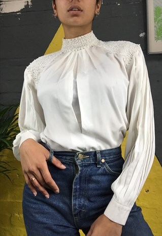 80S CREAM BLOUSE WITH BEADED COLLAR AND SHOULDERS
