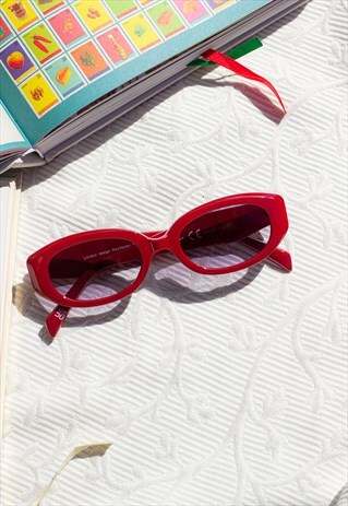 Red Narrow Oval Cut Edge Sunglasses