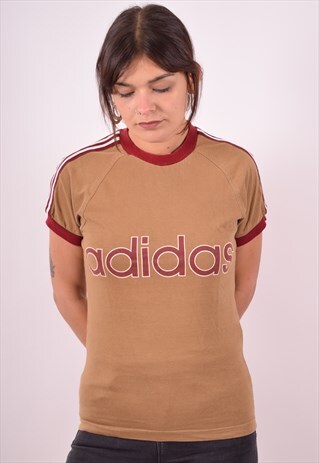 ADIDAS WOMENS VINTAGE T-SHIRT TOP XS KHAKI 90S