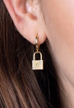 Women's Hoop Hanging Iced Diamond Padlock Earring - Gold