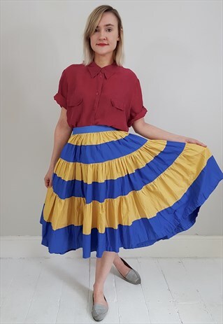 VINTAGE 70'S BLUE AND CREAM STRIPED FRILL TIERED SKIRT