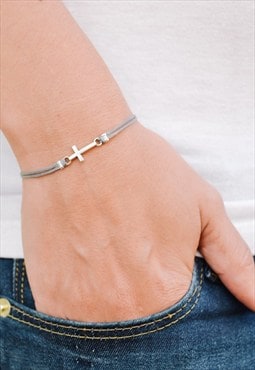 Silver cross charm bracelet grey cord Christian gift for her