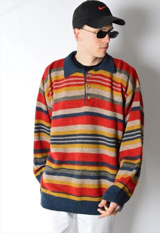 VINTAGE 90S STRIPED WOOL BLEND KNIT POLO JUMPER