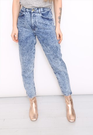 VINTAGE BLUE DENIM ACID WASH HIGH WAISTED MOM JEANS